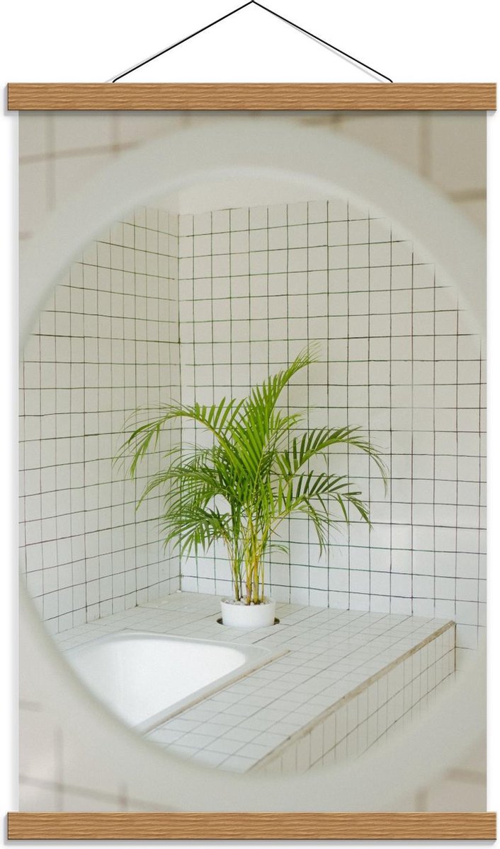 Schoolplaat – Spiegel in Badkamer met Plant - 40x60cm Foto op Textielposter (Wanddecoratie