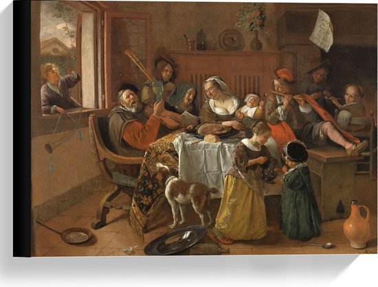 Canvas  - Oude Meesters - Het vrolijke huisgezin, Jan Havicksz. Steen, 1668 - 40x30cm Foto op Canvas Schilderij (Wanddecoratie op Canvas)
