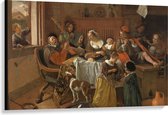 Canvas  - Oude Meesters - Het vrolijke huisgezin, Jan Havicksz. Steen, 1668 - 120x80cm Foto op Canvas Schilderij (Wanddecoratie op Canvas)