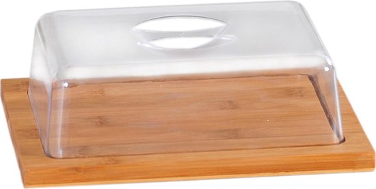 Bamboe houten botervloot/kaasdoos met kunststof deksel 20 x 25 x 8 cm - Botervloten/kaasdozen - Kaasplank serveren