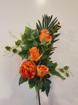 Boeket 04 - 60 cm - Oranje bolchrysant en rozen - Kunstbloemen - Zijdenbloemen - Vaasstuk