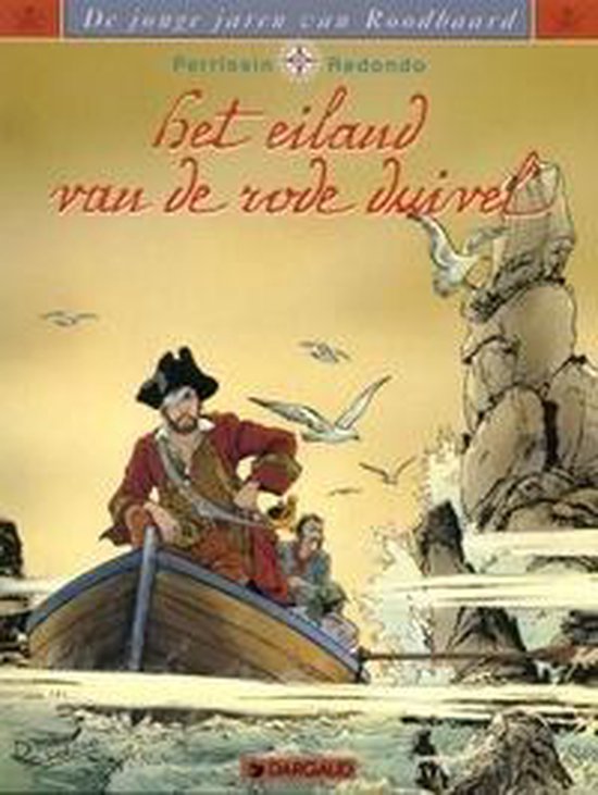 Piraat met ooglap en rode jas in boot bij rotsachtig eiland. Titel: Het eiland van de rode duivel.
