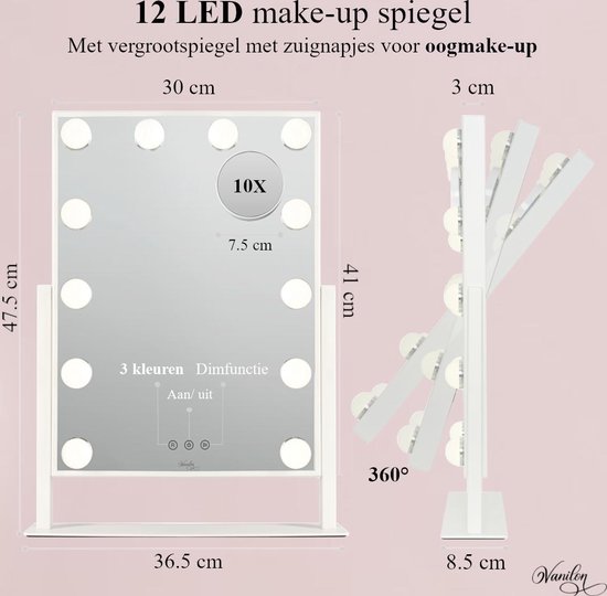 Vanilon – Hollywood make up spiegel met Vergrootspiegel - 12 LED Verlichting in 3 Kleuren - Wit - Vanilon