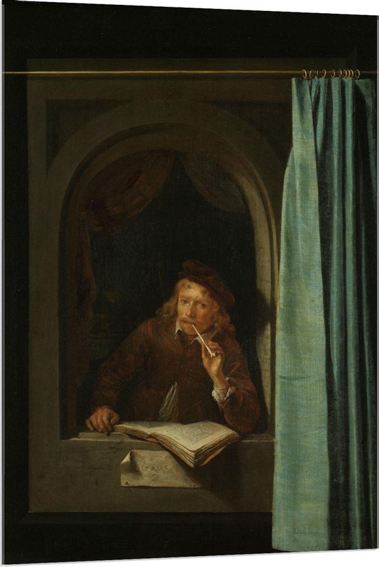 Acrylglas - Oude meesters - Pijprokende man, Gerard Dou, ca. 1650 - 80x120cm Foto op Acrylglas (Met Ophangsysteem)