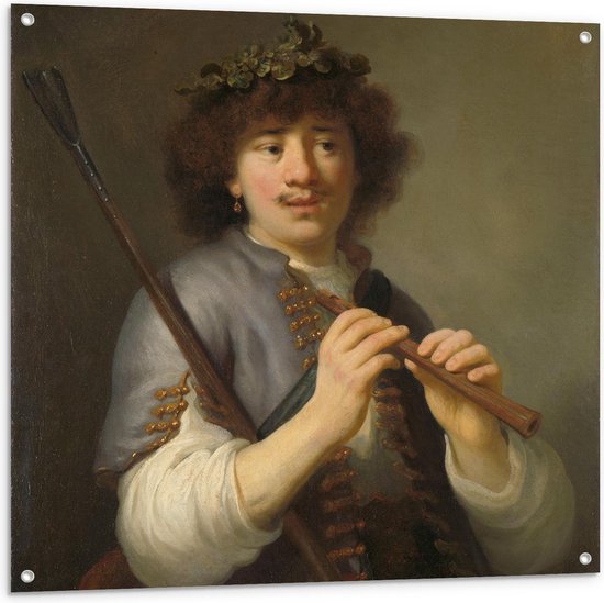 Tuinposter – Oude meesters - Rembrandt als herder met staf en fluit, Govert Flinck - 100x100cm Foto op Tuinposter  (wanddecoratie voor buiten en binnen)
