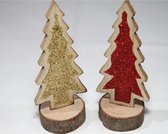houten kerstboompje met glitters - Goud & rood - Kerst tafelversiering -  5x6x5cm  - 6 stuks