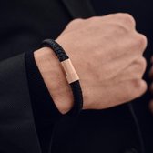 ARMBND® Heren armband - Zwart Touw met Rosé Goud Staal - Maat S - 19 cm lang - Origineel Cadeau voor Man