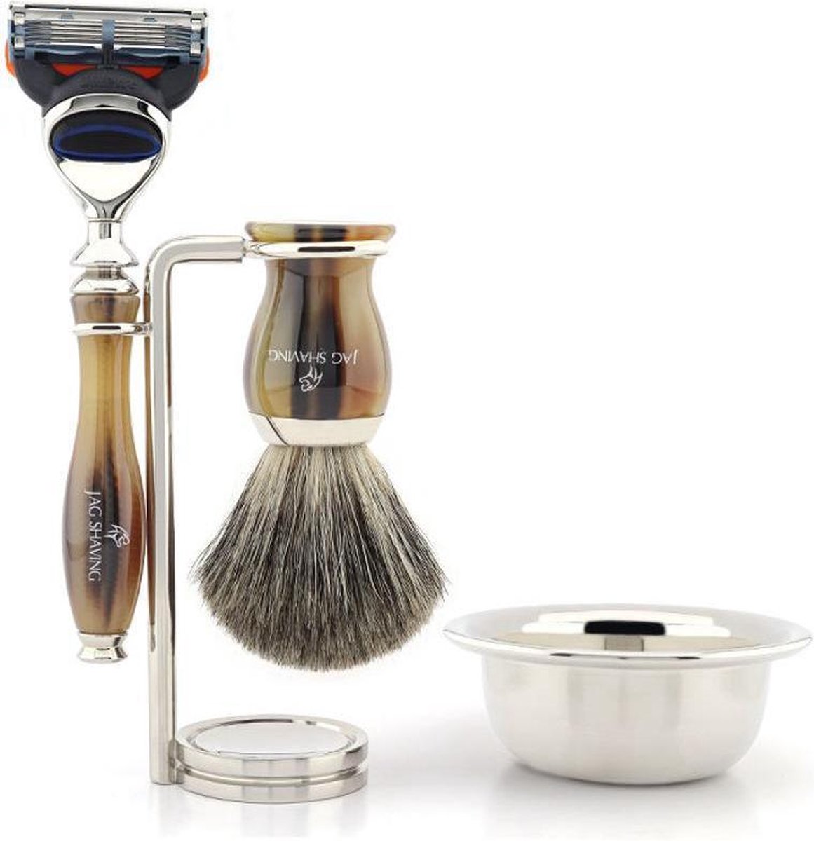 JAG scheerset voor heren Kom met scheermes met 5 snijkanten, synthetische borstel, standaard en scheerkom, perfecte cadeauset voor mannen (scheerset)