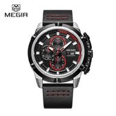 Megir Quartz Chronograph horloge roestvrijstaal 3ATM zwarte lederen band