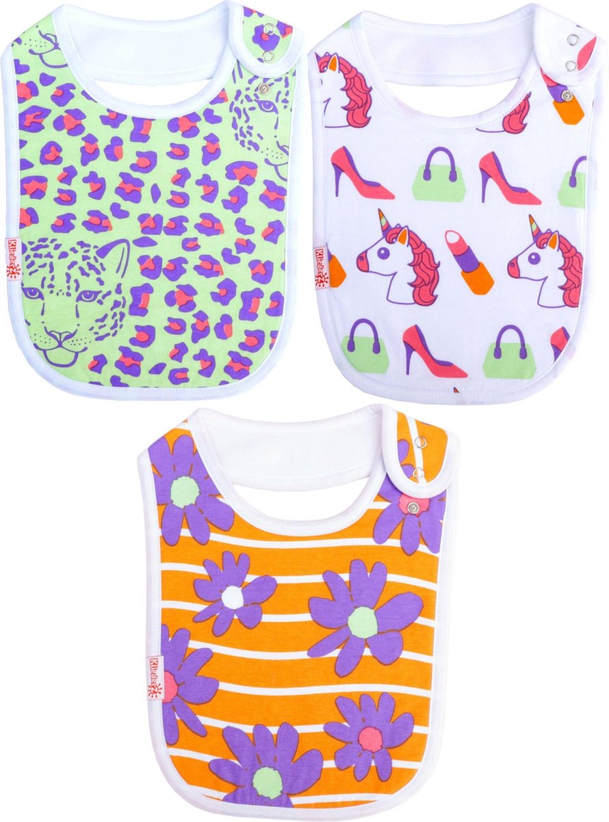 Goedkoopste Baby slabbetjes KliederZ | Kleurrijke eetslabben Meisjes | 3 stuks slabbers Luipaard & Unicorn print | FB05b