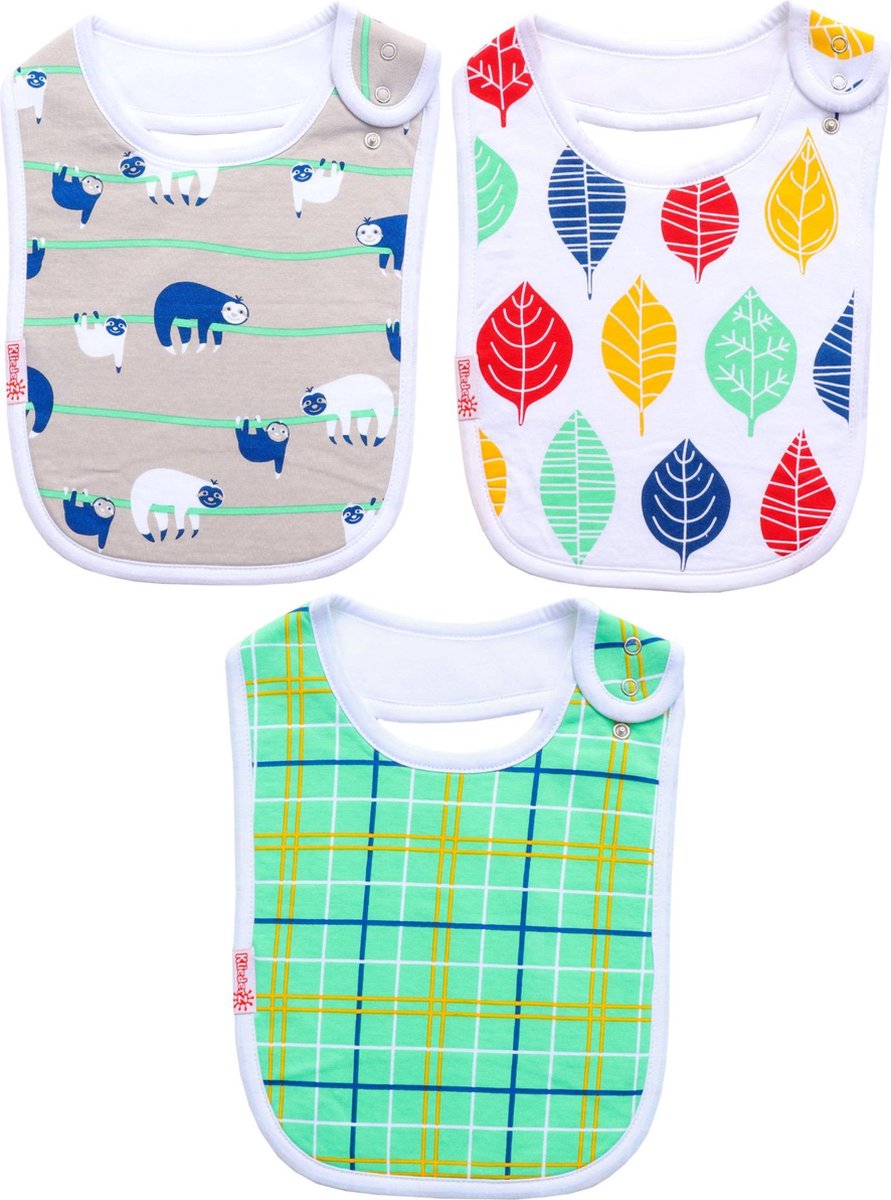 Goedkoopste Baby slabbetjes KliederZ | Stoere eetslabben Jongens | 3 stuks slabbers Luiaard & Schotse print | FB06a