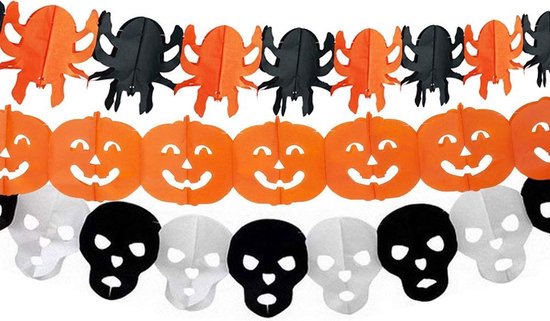 Zeug Elektropositief garen Halloween Decoratie – 3 Slingers – Pompoenen – Doodshoofd – Spin –  Crepepapier | bol.com