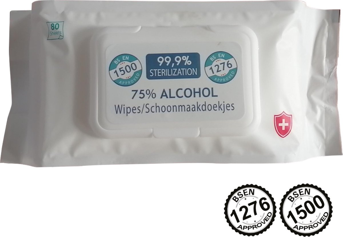 80x alcohol wipes groot - 75%Alcohol doekjes 80 stuks - Desinfectie doekje Reinigingsdoekjes voor oppervlakte en handen - alcohol Brillendoekjes - Schoonmaak - BSEN1276 - BSEN1500 - Bc