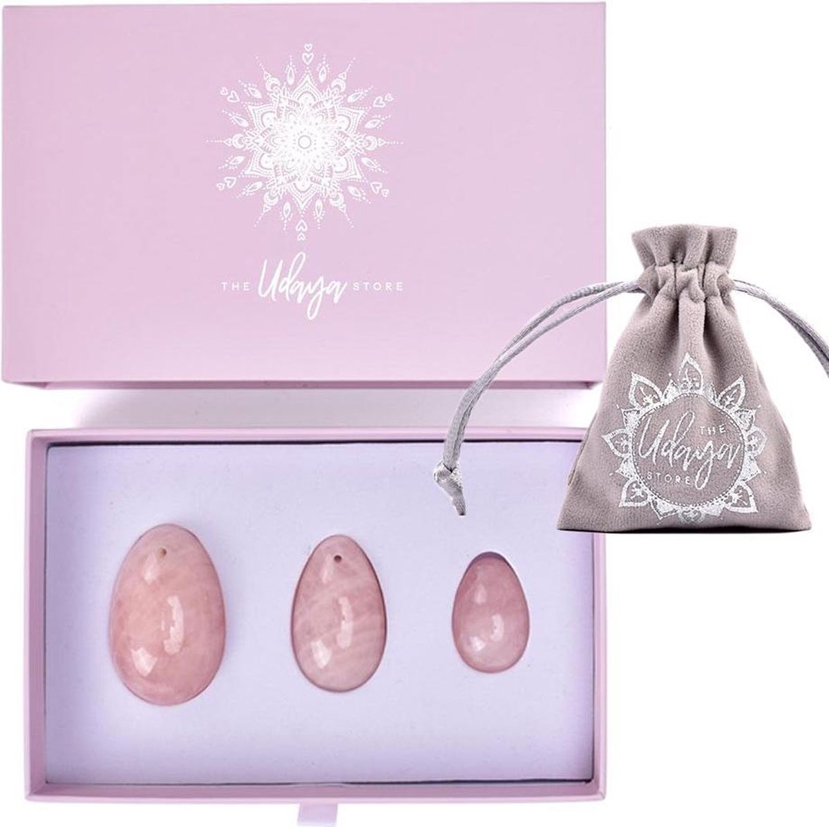 Yoni Eieren Set Rozenkwarts - Yoni Ei Rozenkwarts Set 3 Stuks in Luxe Geschenkdoos + Buideltasje