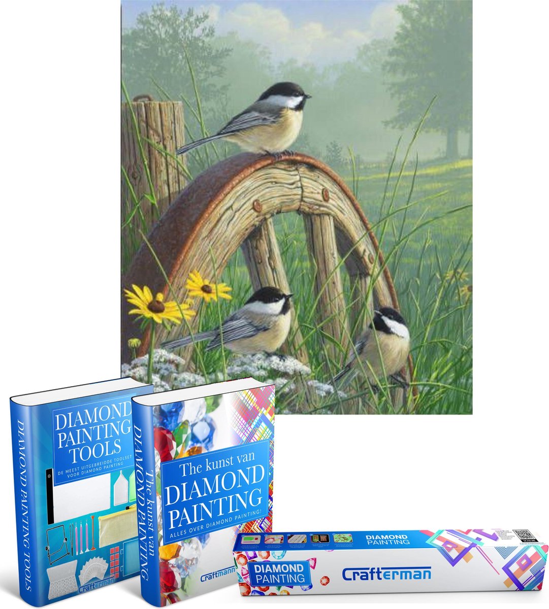 Crafterman™ Diamond Painting Pakket Volwassenen - vogels op een wiel in de natuur - 40x30cm - volledige bedekking - vierkante steentjes - Met tijdelijk 2 E-Books - kerstcadeau