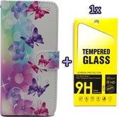 HB Hoesje Geschikt voor Samsung Galaxy A42 5G met Print - Portemonnee Book Case - Kaarthouder & Magneetlipje - Bloemen & Vlinders & Glazen Screenprotector