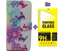 HB Hoesje Geschikt voor Samsung Galaxy A42 5G met Print - Portemonnee Book Case - Kaarthouder & Magneetlipje - Bloemen & Vlinders & Glazen Screenprotector