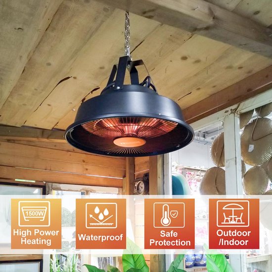 Zwarte hangende terrasverwarmer met gloeiende spiraal, met tekst '1500W High Power Heating'.