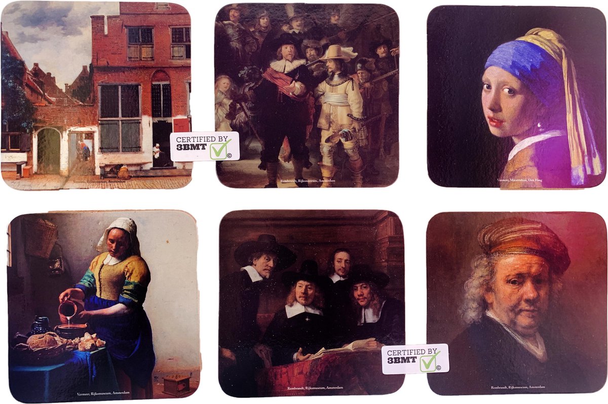 3BMT - Onderzetters voor glazen - Rembrandt en Vermeer - 6 stuks - 3 BMT