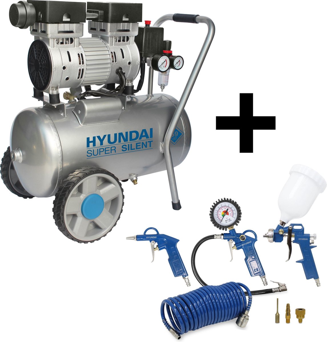Hyundai stille compressor 24 liter - olievrij / 8 BAR / 59 dB 'Super Silent' - DELUXE versie incl.