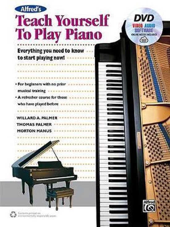 Boekhoes: "Alfred's Teach Yourself To Play Piano" met een vleugel en keyboard.
