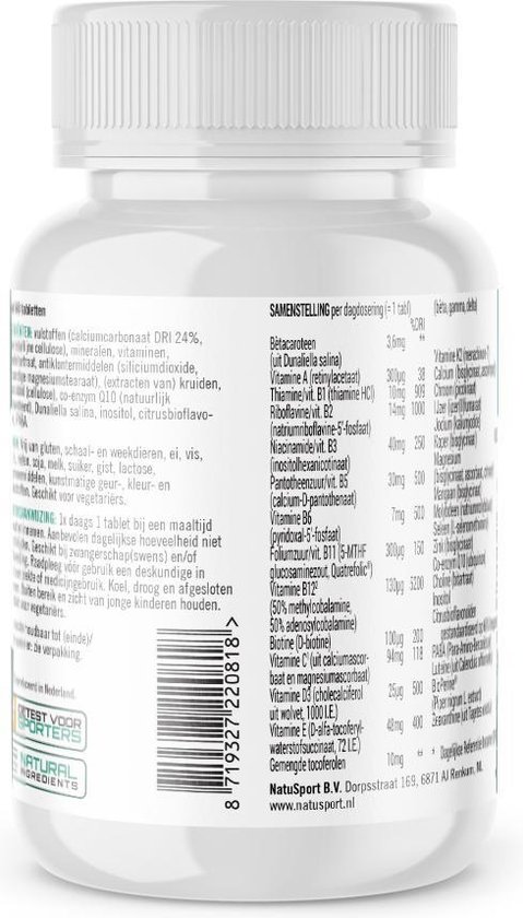 Witte pot met etiket in het Nederlands, toont ingrediënten en samenstelling per dagdosering. Bevat 60 tabletten.