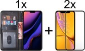 iPhone 12 hoesje bookcase zwart wallet case portemonnee hoes cover hoesjes - Full cover - 2x iPhone 12 screenprotector