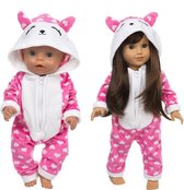 Poppenkleding - Roze dieren onesie met hartjes - Katten pakje voor pop tot 43CM