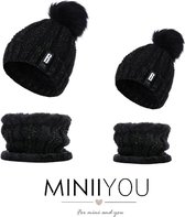 BB - Matching Ouder Kind (1 t/m 3 jaar) Winter Muts Sjaal Pompom - Zwart