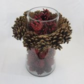 ZoeZo Design - Vaas glas met dennenappels en decoratie - rood - bruin - 100% natuurproduct - H30 x Ø 16 cm - herfst -seizoendecoratie