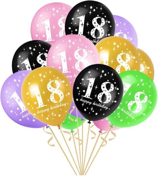 15 stuks ballonnen 18 jaar zwart - roze - lila - groen - goud - roze