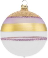 Witte Kerstballen met gouden en paarse glitter strepen - set van 3 - Handgemaakt in Duitsland