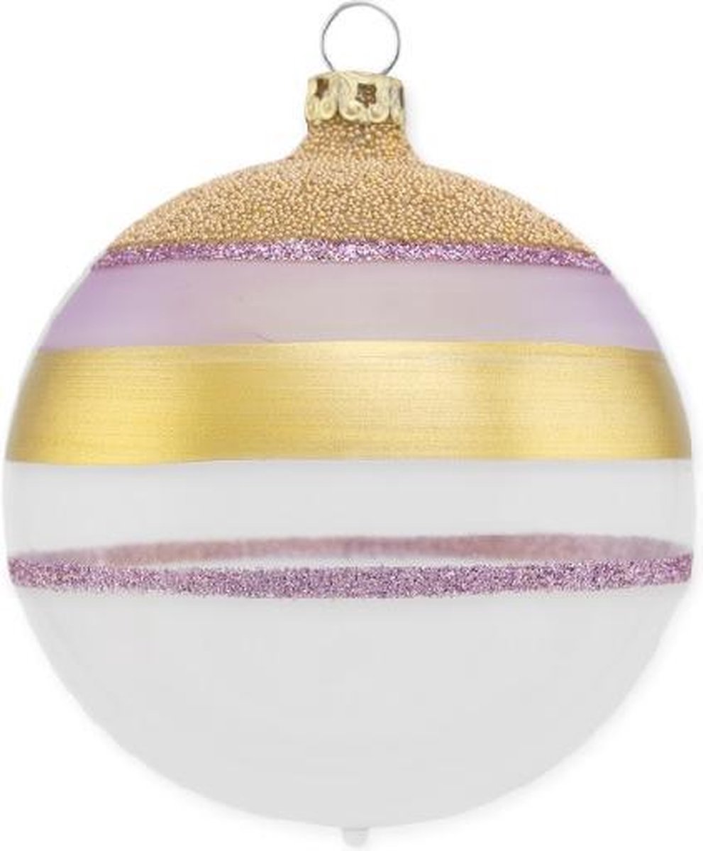 Witte Kerstballen met gouden en paarse glitter strepen - set van 3 - Handgemaakt in Duitsland