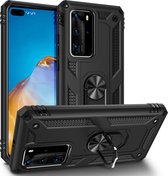 HB Hoesje Geschikt voor Huawei P40 Pro Zwart - Anti-Shock Hybrid Armor met Kickstand Ring