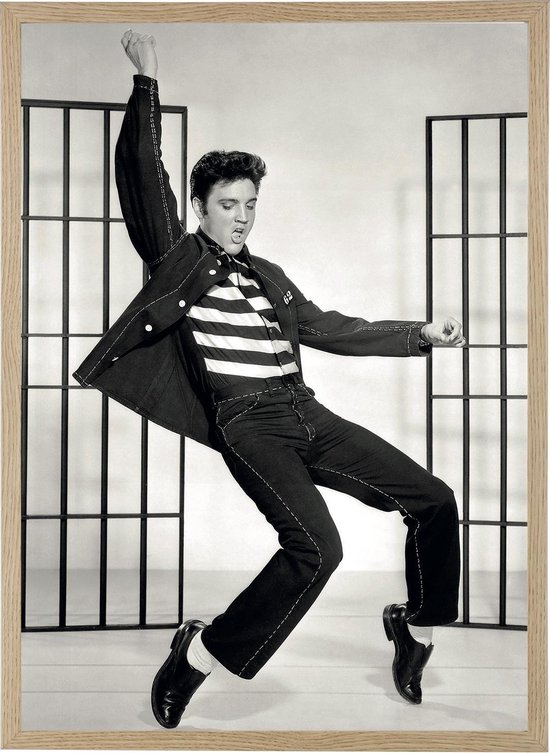 Affiche sous cadre en bois Elvis Presley - 1957 - King of Rock and Roll -  Zwart- Wit 