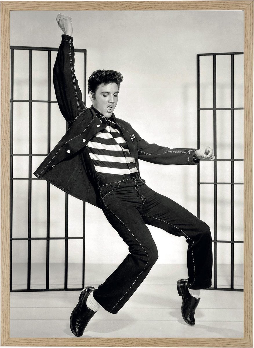 Esque Poster In Houten Lijst Elvis Presley - 1957 - King of Rock and Roll - Zwart-Wit - 70x50 cm