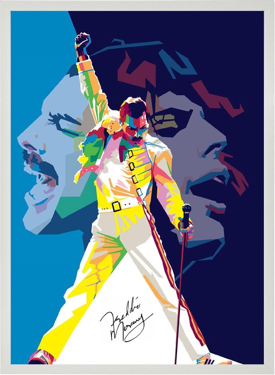 Poster in Witte Lijst Freddie Mercury - Queen - Pop Art Rock Band - Bohemian Rhapsody & Love Of My Life
