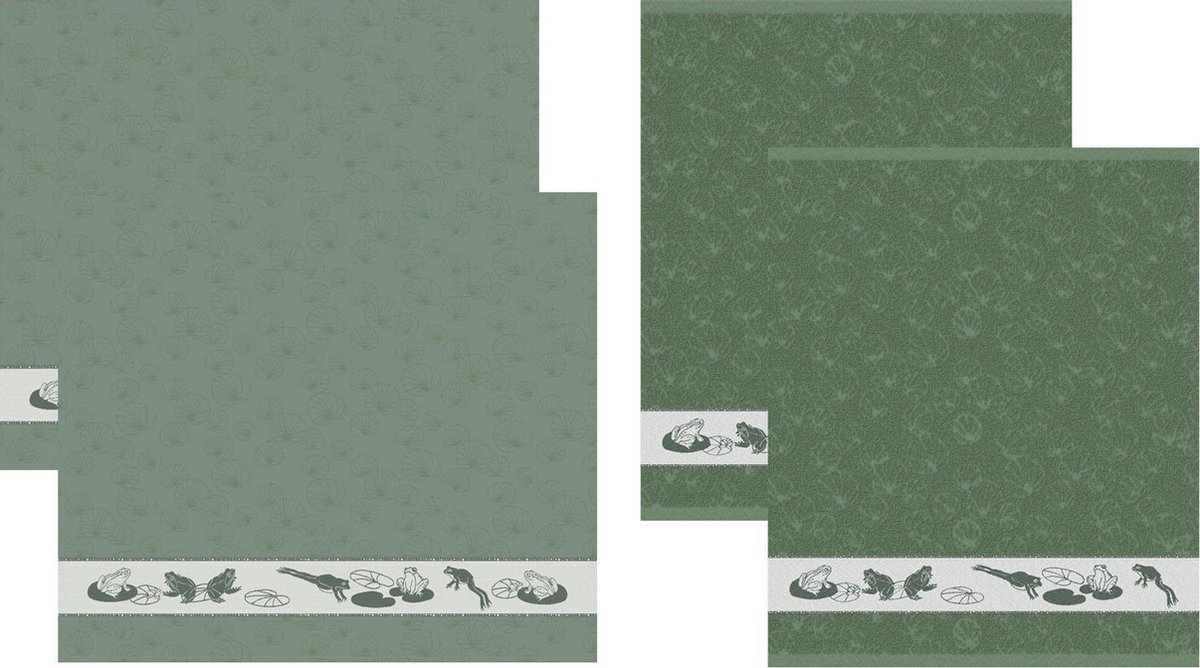 DDDDD - Froggy - Theedoeken en Keukendoeken Set - Set van 4 - Katoen - Kikkerprint - 60x 65 cm/50x55 cm - Groen - DDDDD