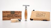 Safety razor set met bamboe handvat - inclusief natuurlijke scheerzeep (!), handig juten meeneemtasje en 5 (Derby) mesjes | Valentijn cadeautje voor hem| Duurzaam scheren & Duurzaam cadeau | Voor mannen & vrouwen