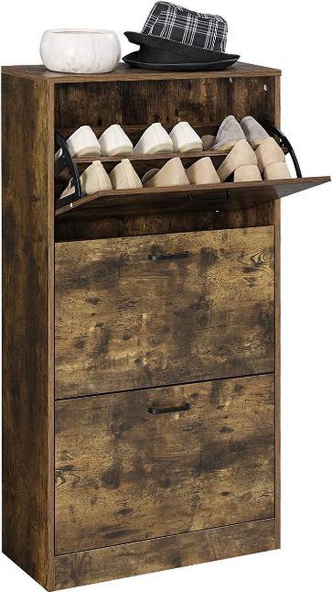 MAZAZU MIRA Home - Schoenenkast - Schoenenkast met 3 draaideuren - Industrieel - Spaanplaat - Rustiek bruin - 60x24x120