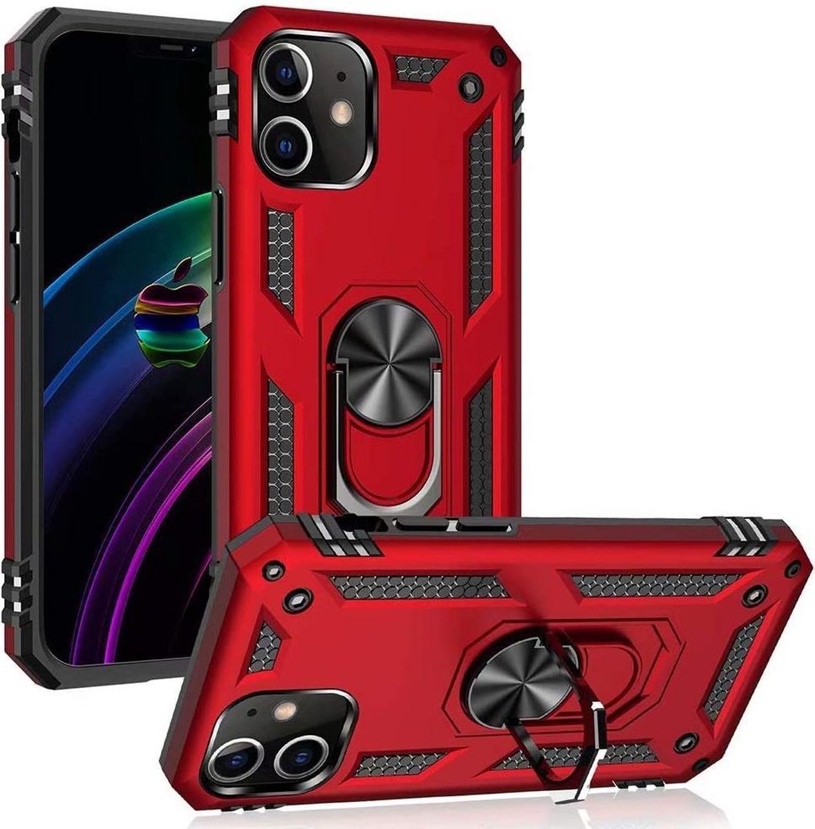 HB Hoesje Geschikt voor Apple iPhone 12 Mini - Rood - Anti-Shock Hybrid Armor Back Cover - Hoes met Kickstand Ring