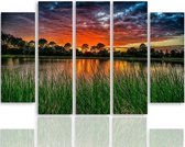 Schilderij , Kleurrijke Zonsondergang boven een meer, Multikleur ,4 maten , 5 luik , wanddecoratie , Premium print , XXL