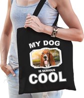 Dieren Basset tasje katoen volw + kind zwart - my dog is serious cool kado boodschappentas/ gymtas / sporttas - honden / hond