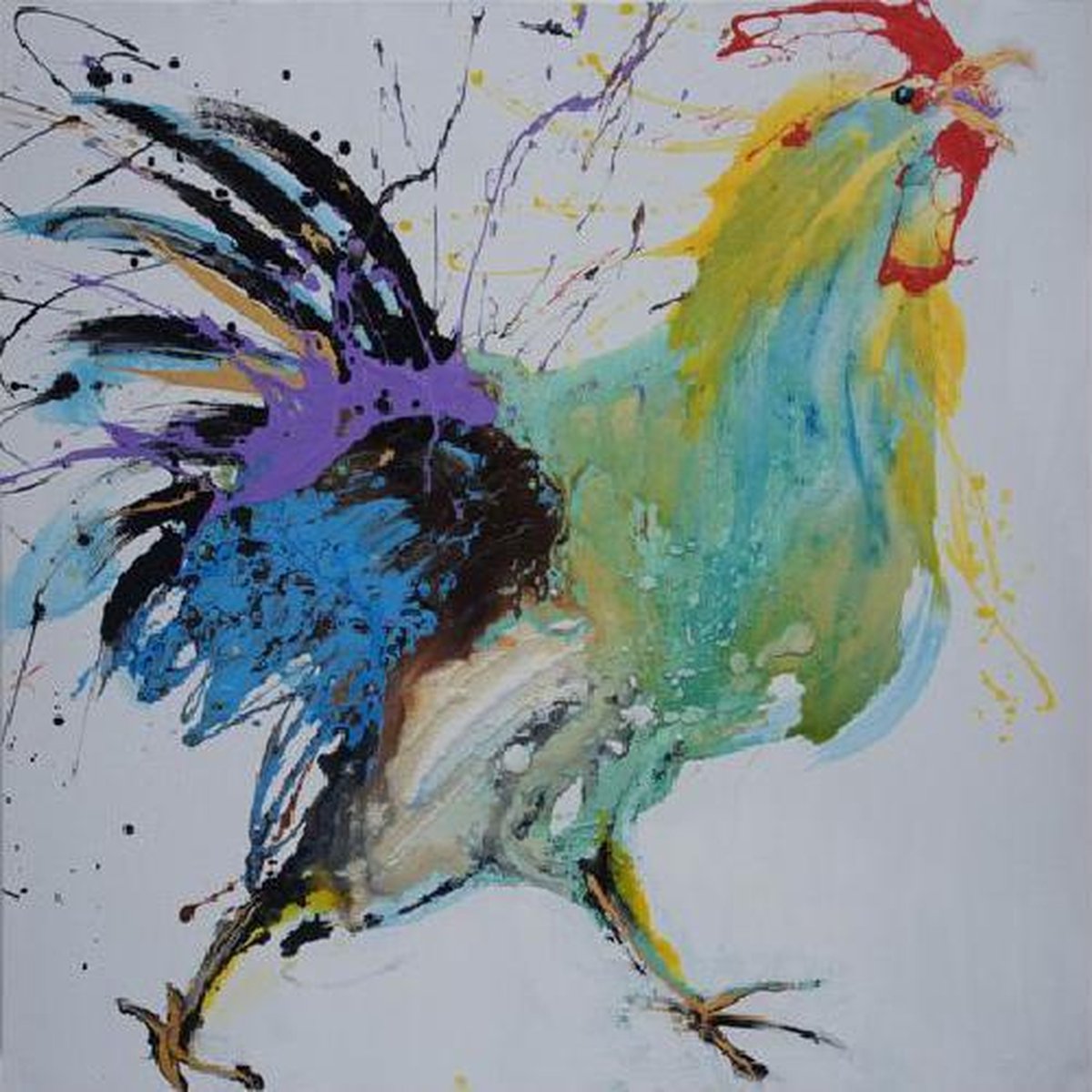Fine Asianliving Oosters Schilderij Olieverf Chinese Haan 70x70cm