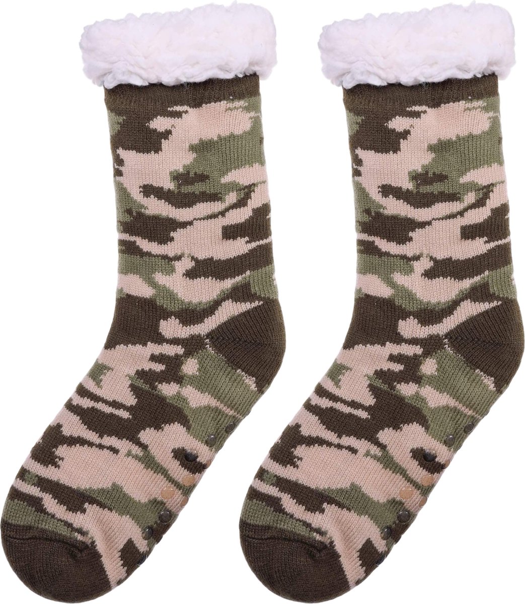 JAXY - Huissokken Dames - Verwarmde Sokken - Anti Slip Sokken - Huissokken - Bedsokken - Warme Sokken - Kerstcadeau Voor Vrouwen - Thermosokken - Dikke Sokken - Fluffy Sokken - Kerstsokken Dames en Heren - Camouflage Groen