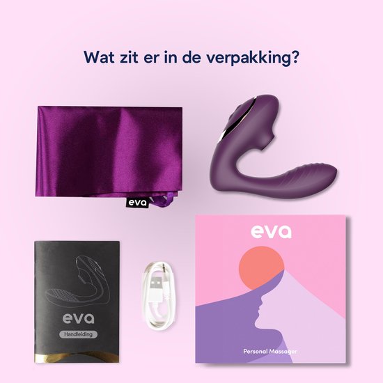 Inhoud van de verpakking: paarse satijnen zak, paarse vibrator, handleiding en oplaadkabel.