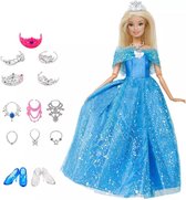 Poppenkleertjes - Geschikt voor Barbie - Blauwe prinsessenjurk met kroontjes, kettingen en schoentjes - Kleding voor modepoppen - Prinses