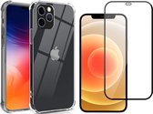 Hoesje geschikt voor iPhone 12 Pro en Screenprotector - Transparant Siliconen Shockproof Case + Screen Protector Glas Full