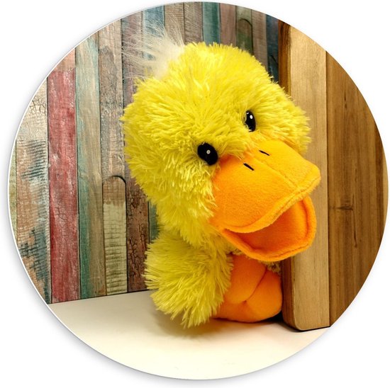 Forex Wandcirkel - Gele Eend Knuffel - 60x60cm Foto op Wandcirkel (met ophangsysteem)