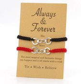 BFF - love armbanden - 2 stuks - zwart - rood - vrienden - believe - always - forever